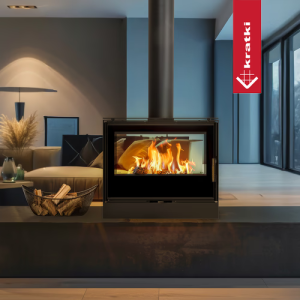 Kominek wolnostojący tunelowy KRATKI KARI 80 12 kW Ø 180 z domykaniem, czarny termotec